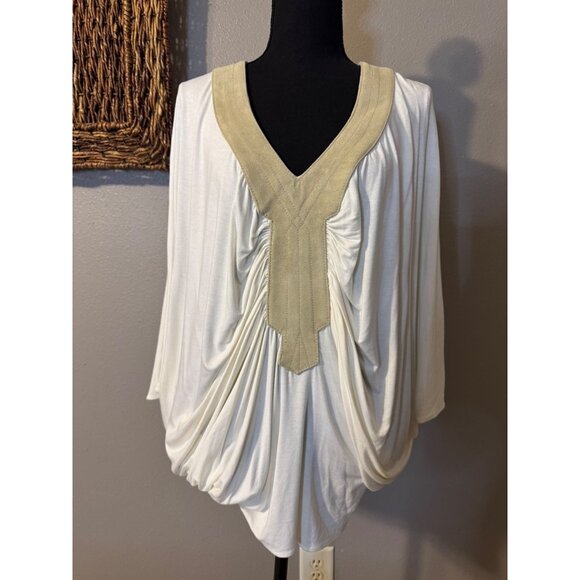 SKY Brand Top M White Tan Suede Trim Stretch Flowy Dolman Grecian Kimomo NEW - Picture 4 of 12